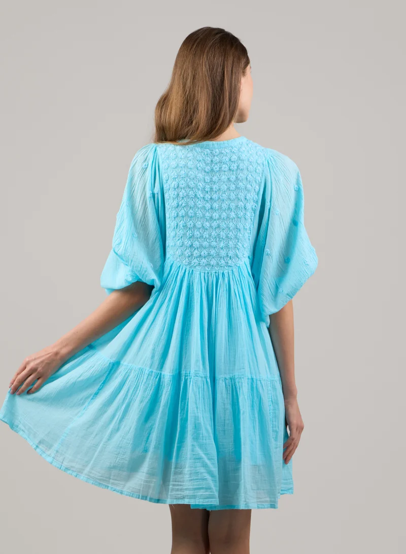 Just Nature bright turquoise Colours of Nature Baloon Sleeve Embroidered Mini Dress for Women | Best Price UAE
